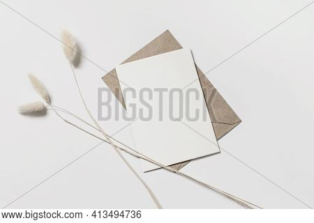 Modern Summer Stationery Still Life. Lagurus Ovatus Foliage And Craft Envelope. Blank Greeting Card 