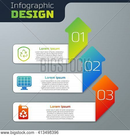 Set Recycle Symbol Inside Shield, Solar Energy Panel And Eco Fuel Canister. Business Infographic Tem