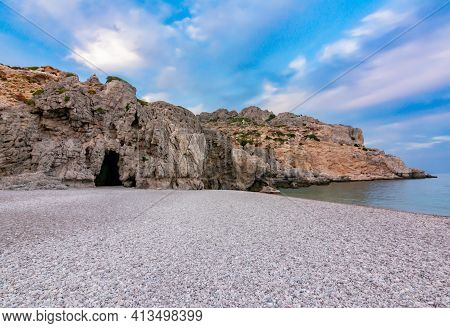 Traganou Beach On Rhodes Island At Sunset, Greece