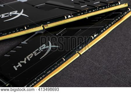 Dnipro. Ukraine. 17 March 2021. Sticks Of Computer Random Access Memory Ram Hyperx. Dark Background.
