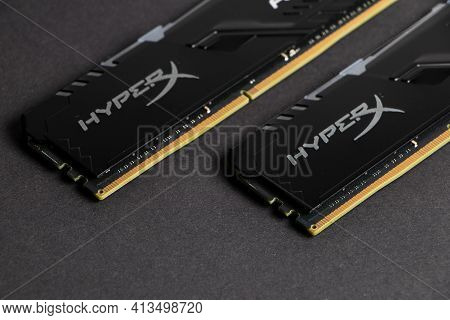 Dnipro. Ukraine. 17 March 2021. Sticks Of Computer Random Access Memory Ram Hyperx. Dark Background.