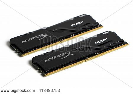 Dnipro. Ukraine. 17 March 2021. Computer Memory Modules Hyperx On The White Background.