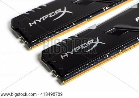 Dnipro. Ukraine. 17 March 2021. Computer Memory Modules Hyperx On The White Background.