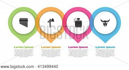 Set Pan Flute, Tomahawk Axe, Canteen Water Bottle And Buffalo Skull. Business Infographic Template. 