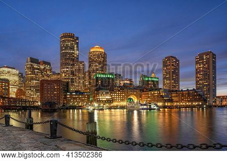 Boston Skyline From Fan Pier At The Fantastic Twilight Time With Smooth Water River In Boston, Massa