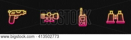 Set Line Walkie Talkie, Pistol Or Gun, Sniper Optical Sight And Binoculars. Glowing Neon Icon. Vecto