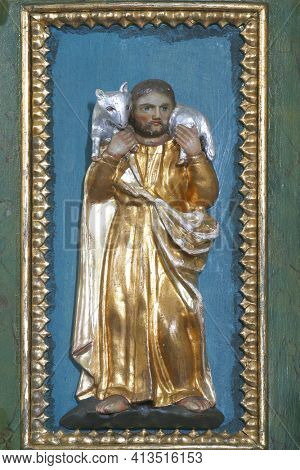 SVETI PETAR MREZNICKI, CROATIA - JULY 14, 2013: Jesus the Good Shepherd, pulpit at St. Peter's Parish Church in Sveti Petar Mreznicki, Croatia