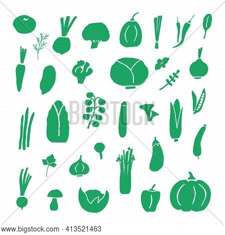 Collection Of Icons Of Various Vegetables In A Flat Style. Set Of Silhouettes Of Vegetabl. Veggies N