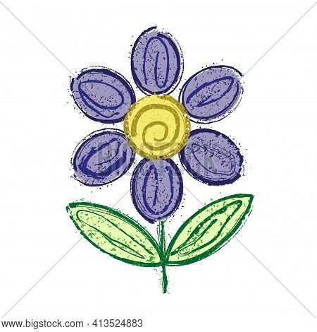 Creative Vector Color Grunge Flower Icon. Simple Flat Doodle Of Blue Flowering Plant Isolated On Whi