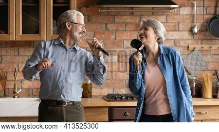 Overjoyed Older Senior Couple Having Fun Sing Songs At Kitchen