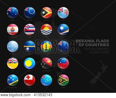 Oceania Countries Flags Vector 3d Glossy Icons Set Isolated On Black Background. Oceanian Official N