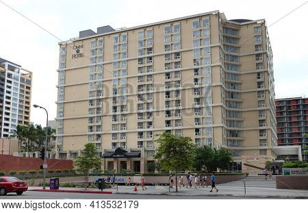 LOS ANGELES - SEPT 2, 2018: Omni Hotel and CAL Marketplace in downtown Los Angeles. The property is near MOMA, The Broad Museum and Disney Concert Hall.