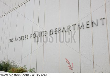 LOS ANGELES, SEPT 2, 2018: Los Angeles Police Department sign on the LAPD Headquarters building in downtown, it is the third largest municipal police department in the US.