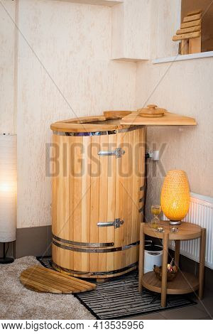 Mini Phyto Sauna - Cedar Barrel. Spa Treatments. Wooden Bath. Health Concept, Take Care Of Your Body