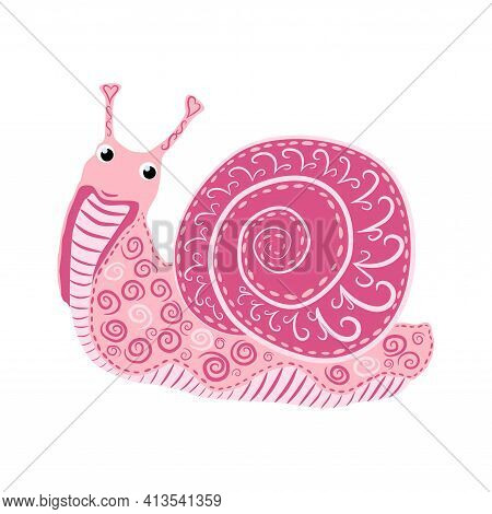 Pink Snail Beautiful Character, Scandinavian Style, Hand Drawn.