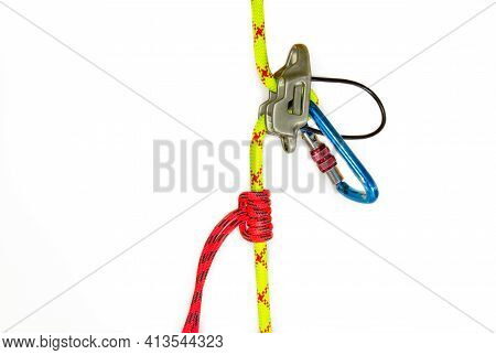 System Classic Dulfer Using Belay Equipment Atc, Isolated On White Background. Sport Equipment Desig