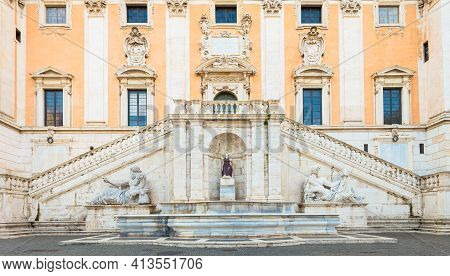 Rome, Italy. View Of The Staircase Of The Palazzo Senatorio, A Renaissance Masterpiece. Its Double R