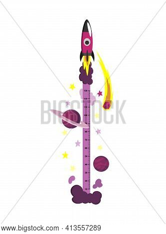 Wall Meter With Flying Rocket. Sticker For Measuring Height Kids. Funny Vector Cartoon Illustration 