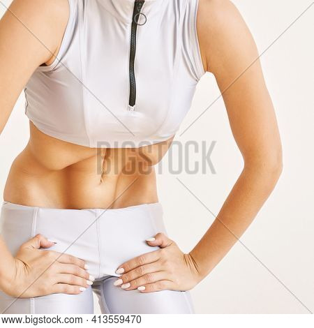 Young Pretty Woman Do Breathing Exercise. Home Sport Workout. Healthy Lifestyle. Long Blond Hair. Fe