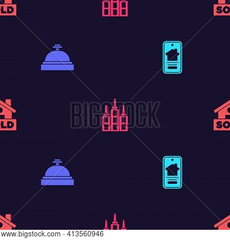 Set Online Real Estate House, Hotel Service Bell, Skyscraper And Hanging Sign With Text Sold On Seam