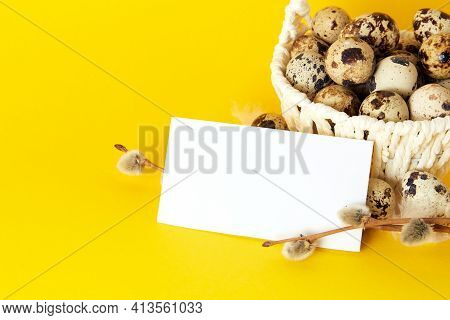 Visiting Card, White Straw Basket Full Of Quail Eggs, Pussy Willow Branch On Yellow Paper Background