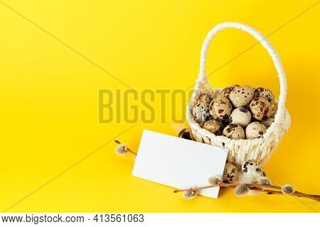 Visiting Card, White Straw Basket Full Of Quail Eggs, Pussy Willow Branch On Yellow Paper Background
