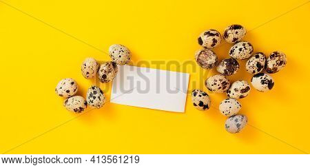 Banner With Visiting Card, Quail Eggs, Feather On Yellow Paper Background. Copy Space. Empty Text Pl