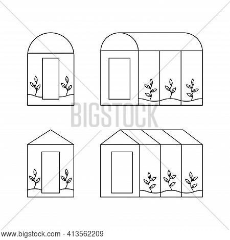Set Of Greenhouse. Vector Illustration. Plants Growing Inside Glass Greenhouse. Vector Empty Greenho