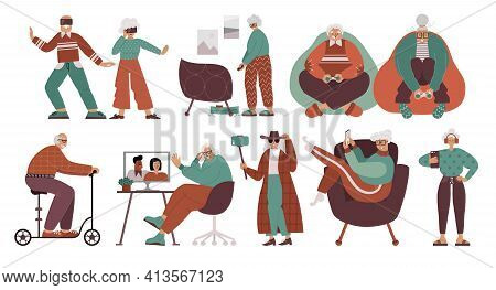 Old People And Technology Flat Character Set.