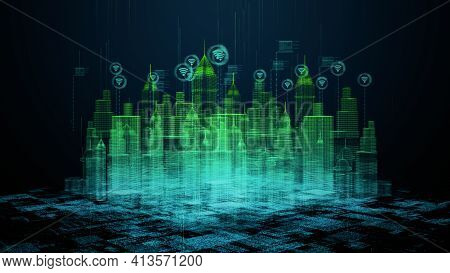 Smart City With Wi-fi Connection Conceptual, Technology 5g Communication Concept. Futuristic Data Ne