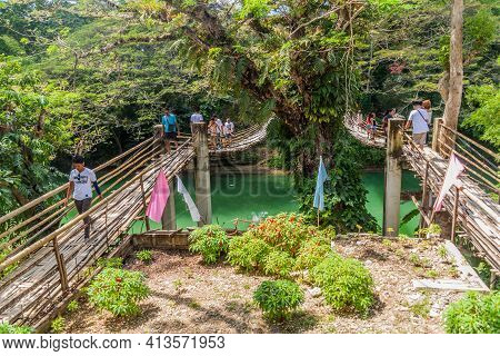 Bohol, Philippines - Feb 11, 2018: View Of Sipatan Twin Hanging Bridge Over Loboc River On Bohol Isl