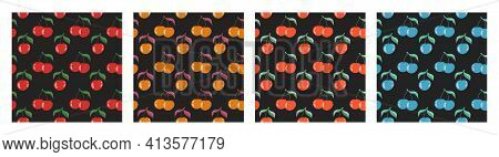 Set Seamless Different Red Cherry Pattern. Pattern For Wrapping Paper And Design, Print On Textiles.