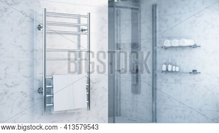 Bathroom Towel Heater Warmer with Towels in modern bathroom - 3d rendering