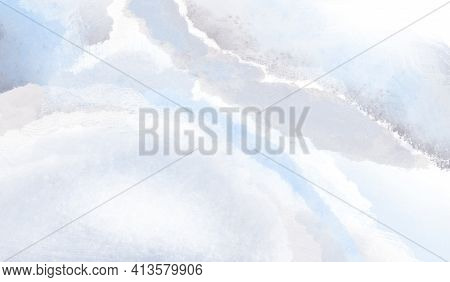 Watercolor Illustration Of White And Blue Marble. Marble Painted Background With Streaks Of Ink In P