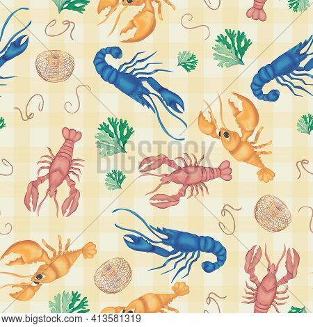 Lobster Dinner Table Vector Repeat Pattern. Vector Illustration