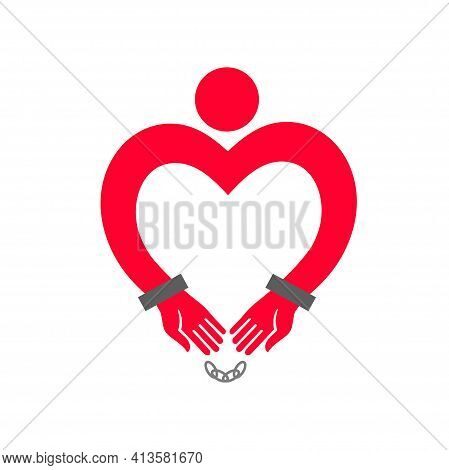 Hands In The Shape Of A Heart Chained With Handcuffs. Illustration On White Background, Logo, T-shir