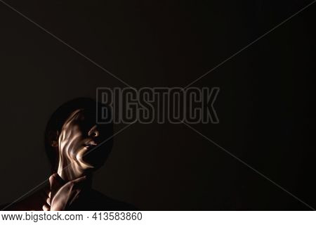 Human Trafficking. Female Slavery. Forced Labour. Art Portrait Of Suffering Hostage Woman Silhouette