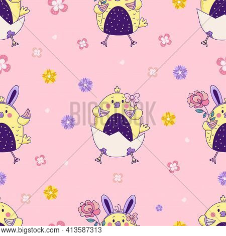Seamless Pattern With Cute Animals. Easter Chickens - Boy And Girl With Rabbit Ears And A Flower Sit