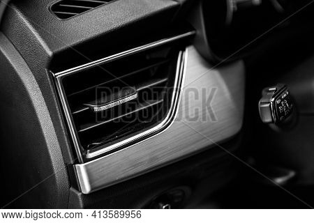 Car Air Conditioning System Grid Panel On Console, Air Ventilation. Close Up Deflector. Car Air Cond