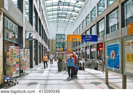 Mannheim, Germany - July 2019: Inside Of Mannheim Main Station Building With People
