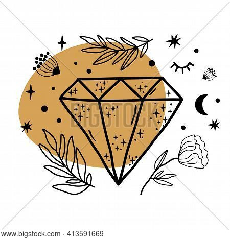 Celestial Crystal, Celestial Gems. Crystal Symbol Sketch. Hand Drawn Line Art Crystals, Botany Leaf,