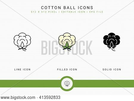Cotton Ball Icons Set Vector Illustration With Solid Icon Line Style. Cotton Flower Concept. Editabl