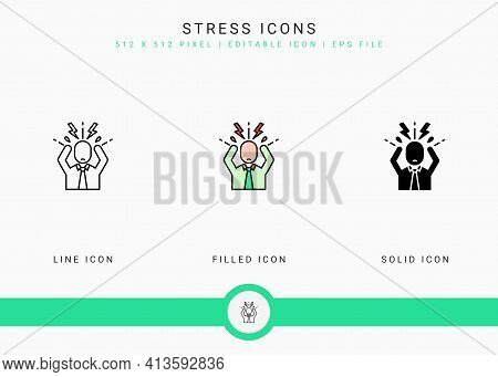 Stress Icons Set Vector Illustration With Solid Icon Line Style. Depression And Pressure Concept. Ed