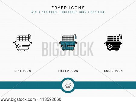Fryer Icons Set Vector Illustration With Solid Icon Line Style. Potato Fried Basket Concept. Editabl