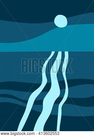 Seascape With Full Moon, Moonlit Path At Night. Dark Blue Vector Banner, Abstract Flat Minimalist De
