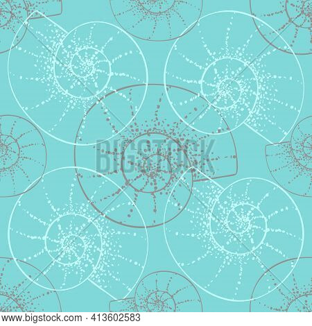Vintage Seashell Seamless Pattern On Mint Color Background. Spiral Nautilus Shells, Hand Drawing Out