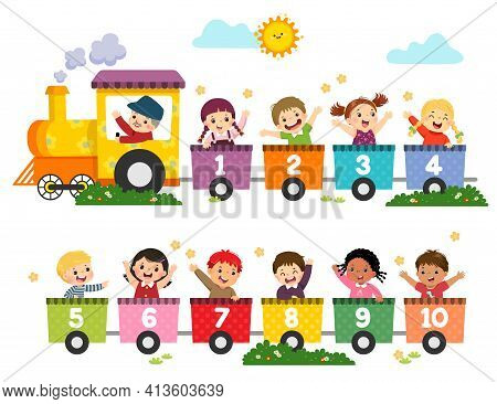 Vector Illustration Cartoon Of Happy Preschool Kids With The Train Numbers. Card For Learning Number