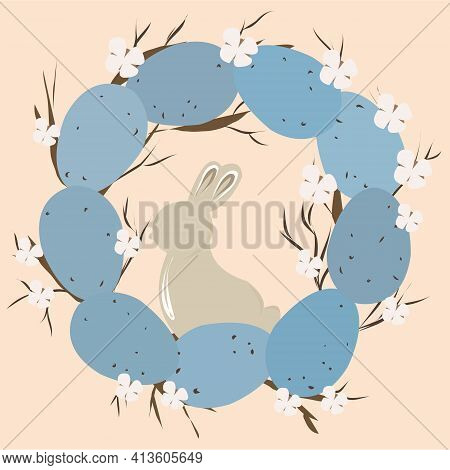 Easter, Wreath And Hare. Cotton. Celebration, Flowers