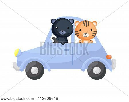Cute Little Tiger And Panther Driving Blue Car. Cartoon Character For Childrens Book, Album, Baby Sh
