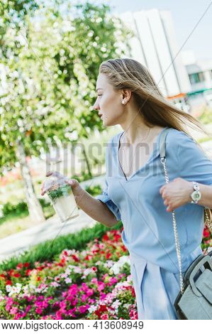 Summer Non-alcoholic Drink, Refreshing Cold Drink. Young Blond Woman Drinking Non-alcoholic Mojito I